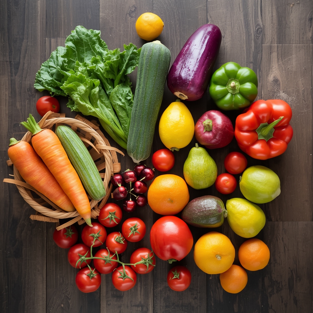 Fresh organic vegetables and fruits arranged artistically on a wooden table, vibrant colors, overhead shot